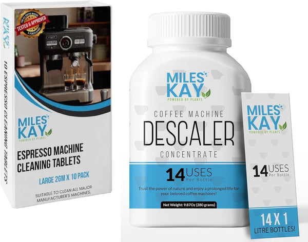 Miles Kay Coffee Machine Descaler Powder (280g/14 Uses) + 10 Cleaning Tablets - Universal Descaling Solution for Breville, Delonghi, Nespresso - 1 Year Supply Pack